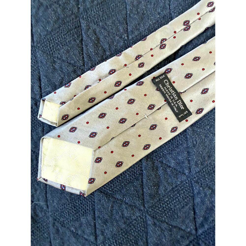 Vintage Christian Dior Italian Silk Tie Taupe Red Blue Geometric Made USA